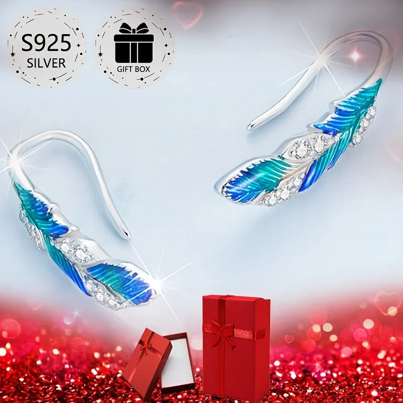 Tribal Style 925 Silver Stud Earrings with Feather Zirconia