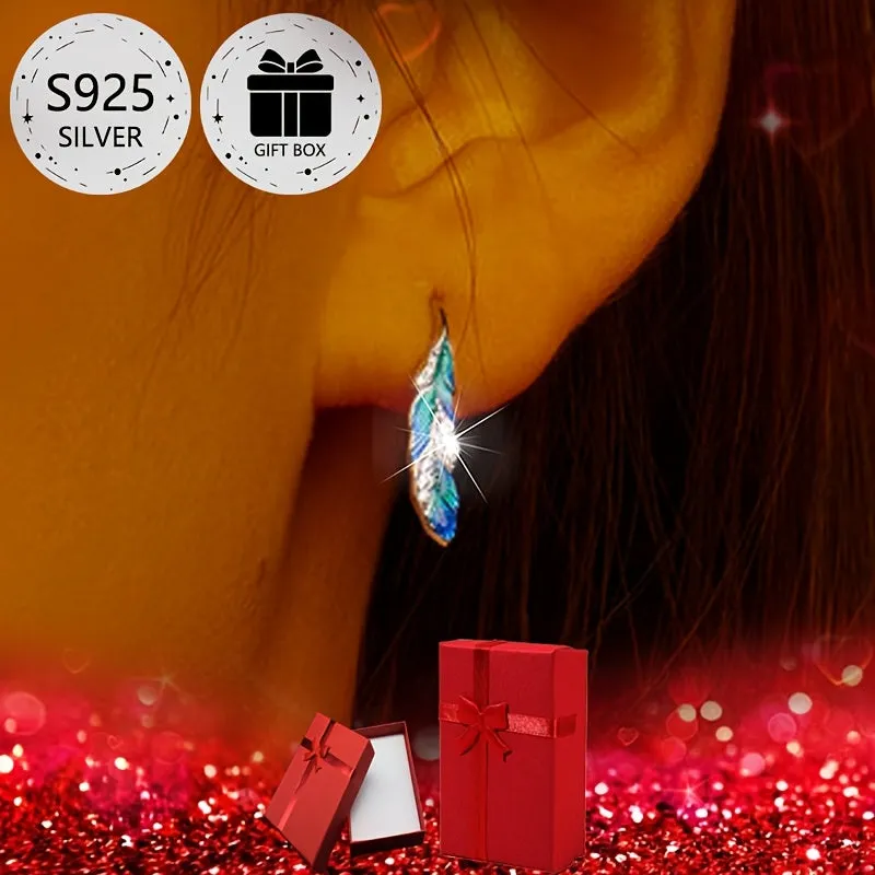 Tribal Style 925 Silver Stud Earrings with Feather Zirconia