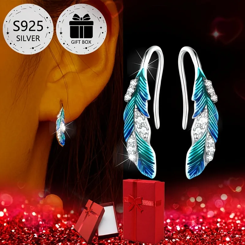 Tribal Style 925 Silver Stud Earrings with Feather Zirconia
