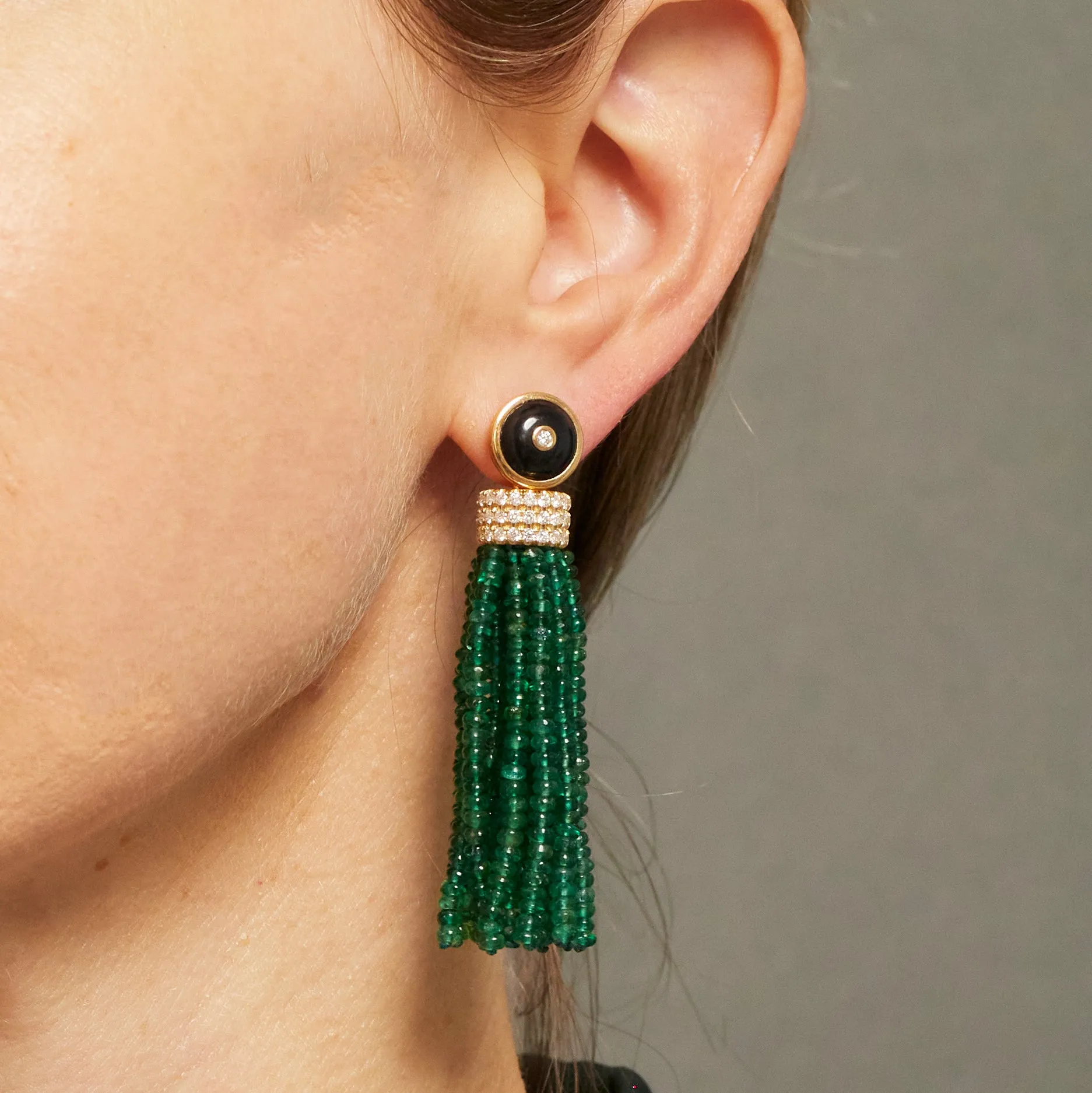 Triple Diamond Tassel Emerald Rondelles Earrings with Onyx Diamond Studs, 18K Yellow Gold
