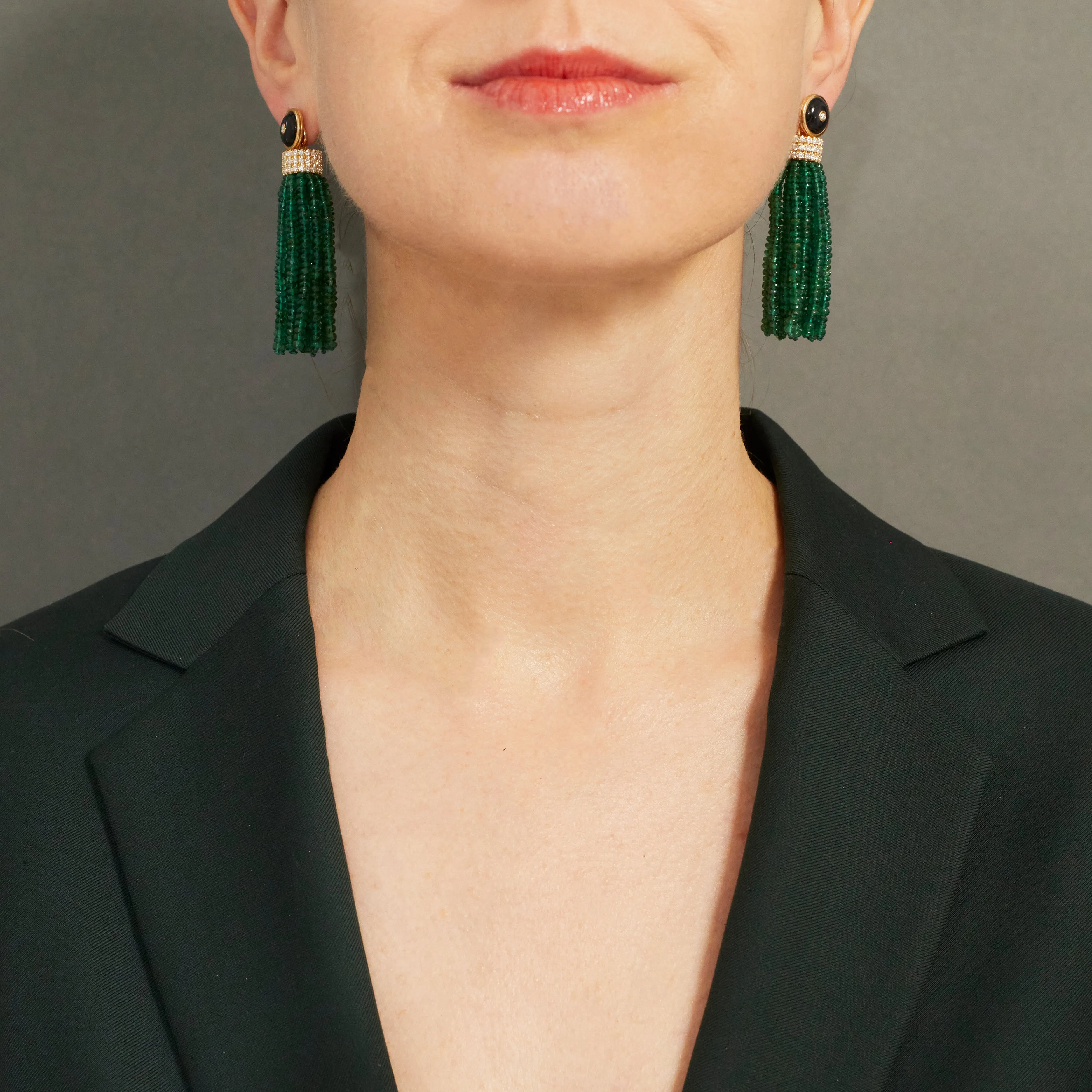 Triple Diamond Tassel Emerald Rondelles Earrings with Onyx Diamond Studs, 18K Yellow Gold