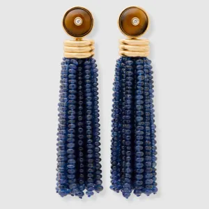Triple Tassel Blue Sapphire Earrings with Tiger's Eye Diamond Studs, 18K Yellow Gold,
