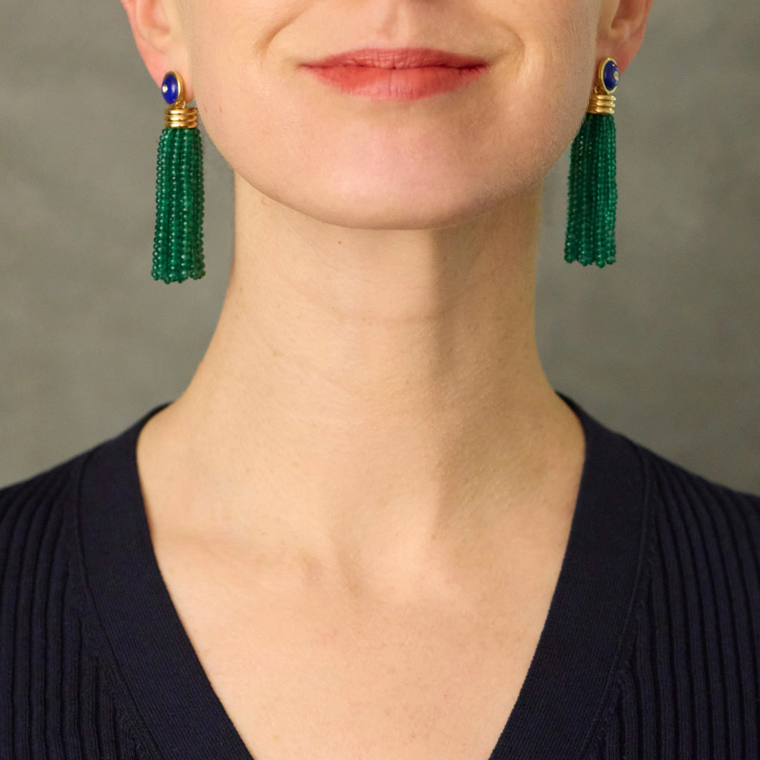 Triple Tassel Emerald Rondelles Earrings with Lapis Lazuli Diamond Studs, 18K Yellow Gold,