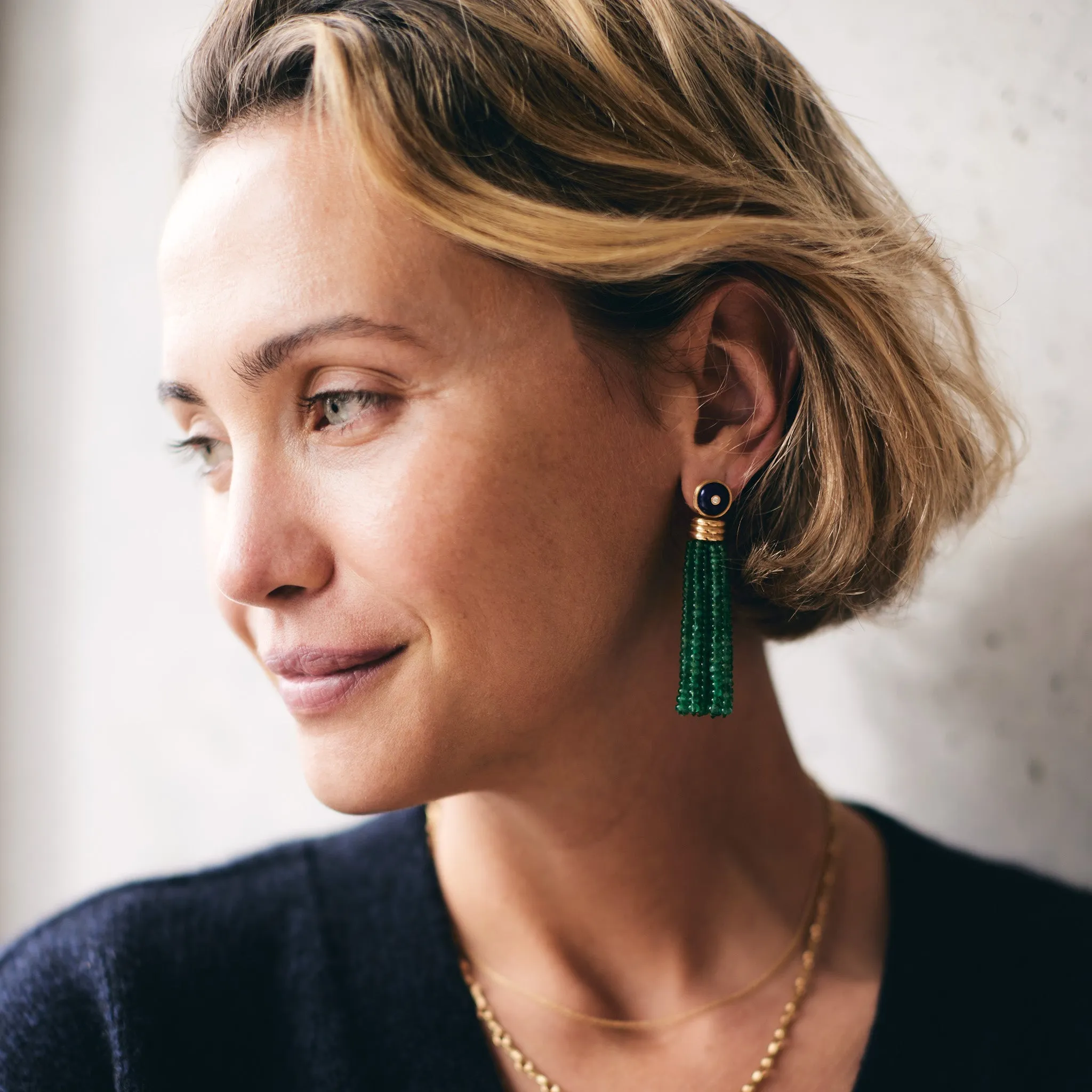 Triple Tassel Emerald Rondelles Earrings with Lapis Lazuli Diamond Studs, 18K Yellow Gold,