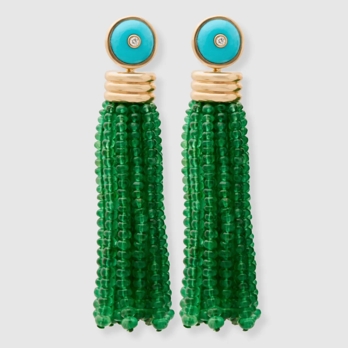 Triple Tassel Emerald Rondelles Earrings with Turquoise Diamond Studs, 18K Yellow Gold,