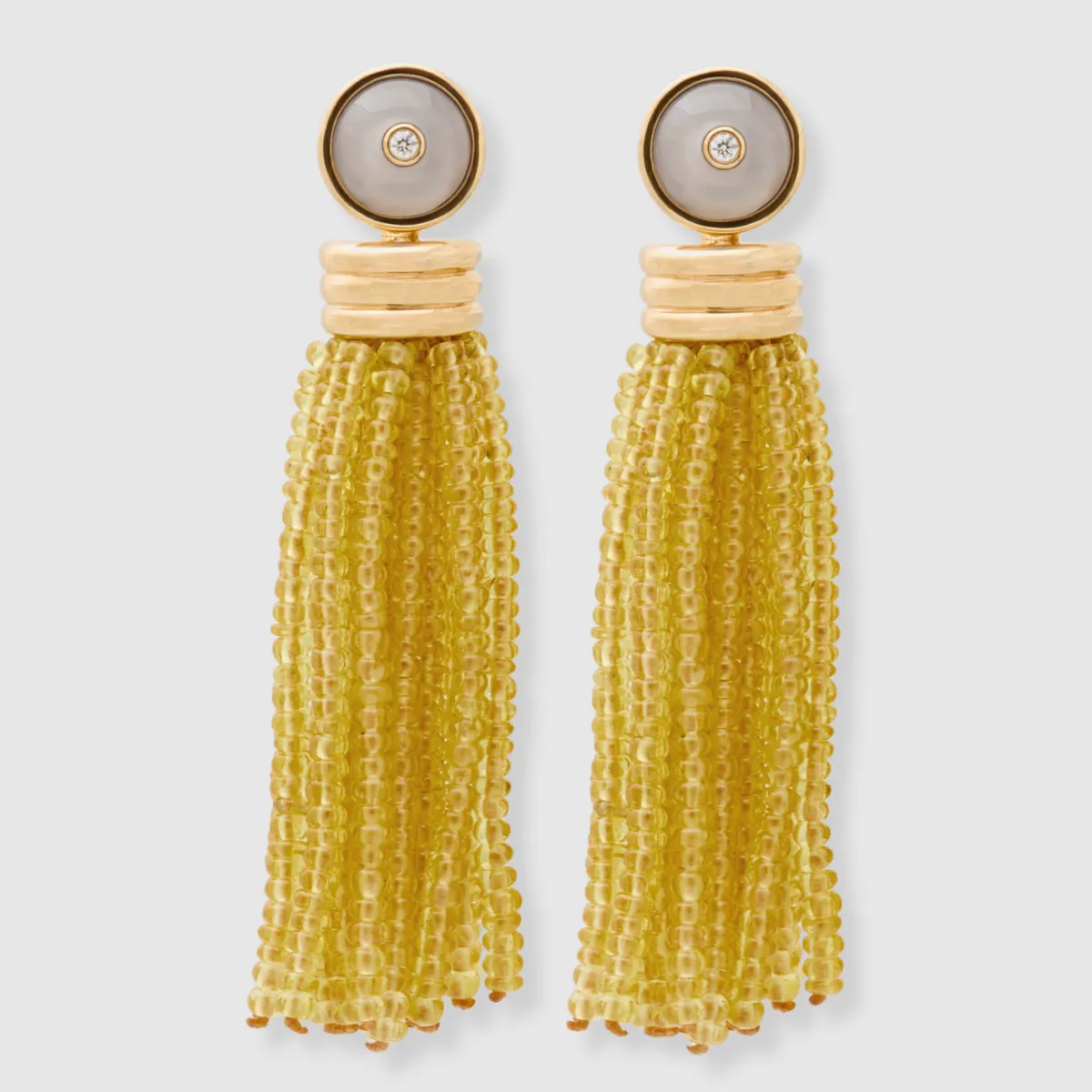 Triple Tassel Yellow Sapphire Earrings with Blue Calcedony Diamond Studs, 18K Yellow Gold,