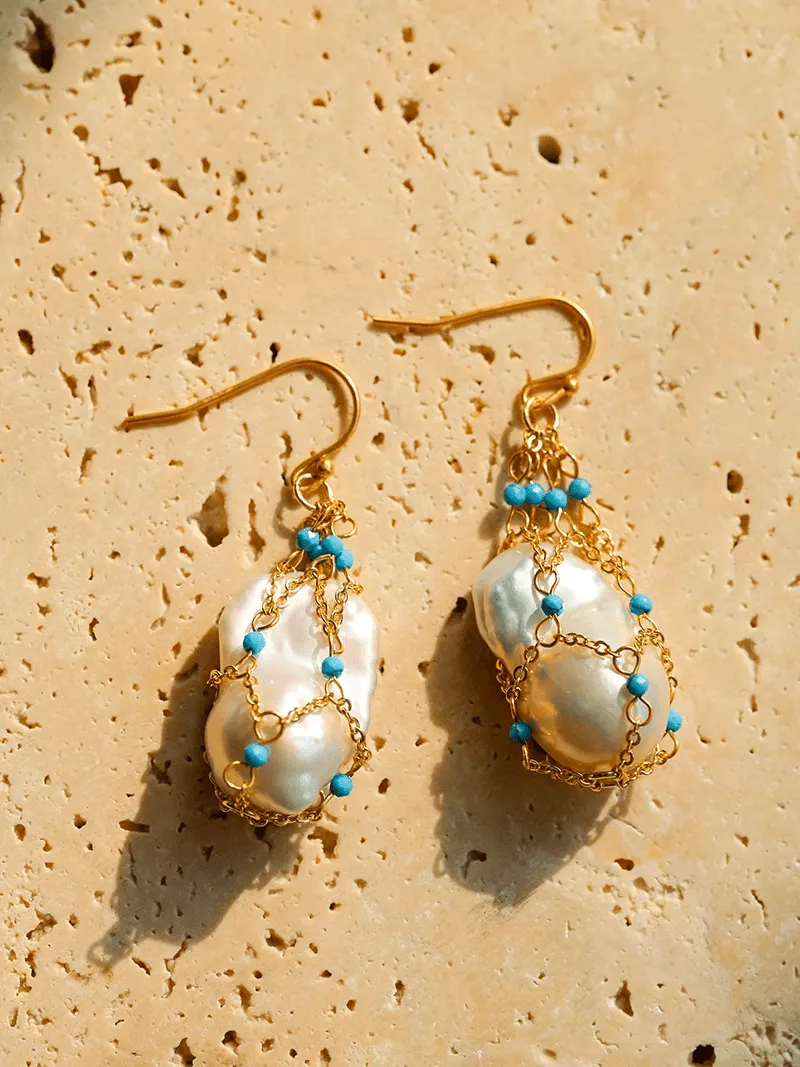 Turquoise & Baroque Pearl Pendant Earrings