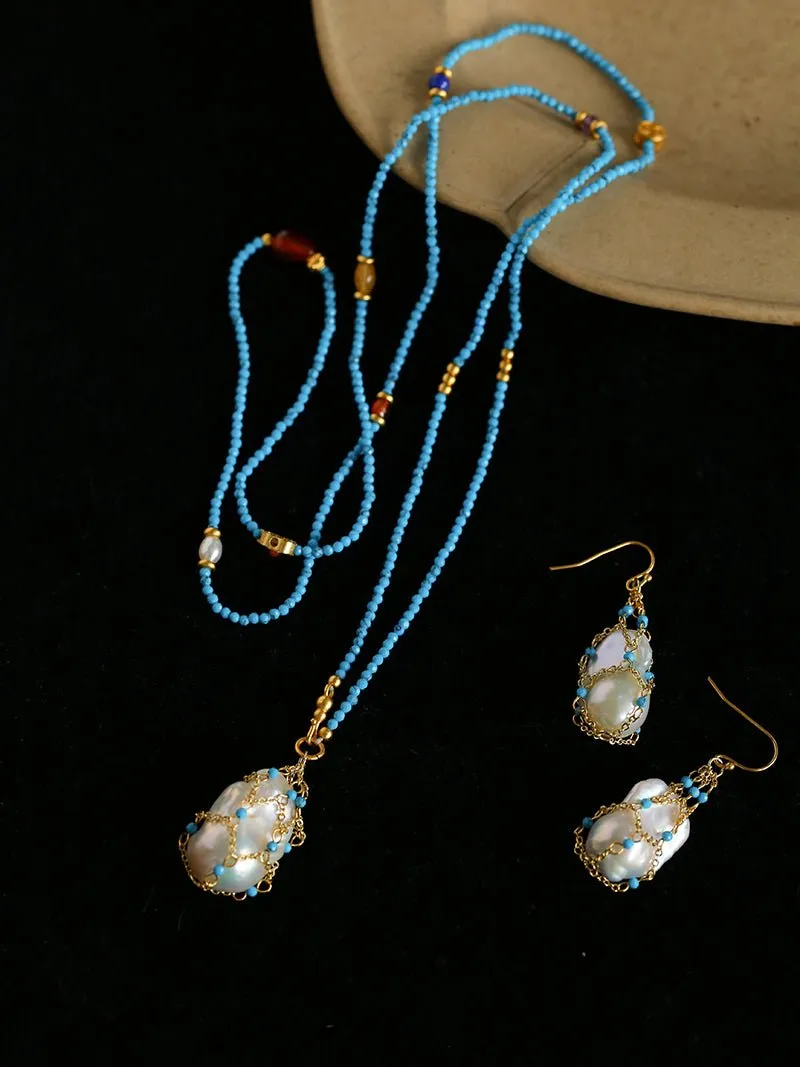 Turquoise & Baroque Pearl Pendant Earrings