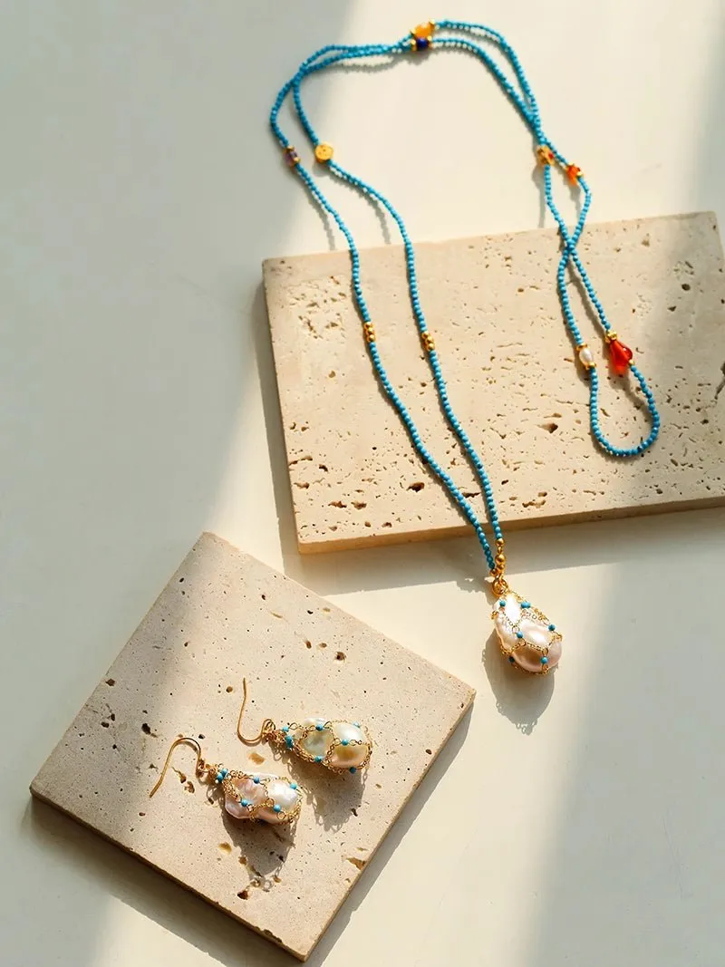 Turquoise & Baroque Pearl Pendant Earrings