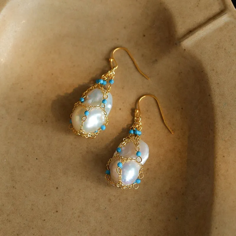 Turquoise & Baroque Pearl Pendant Earrings