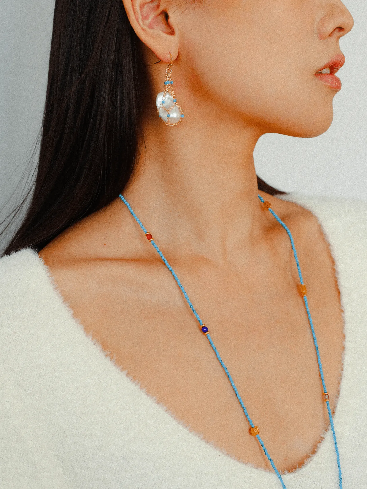 Turquoise & Baroque Pearl Pendant Earrings