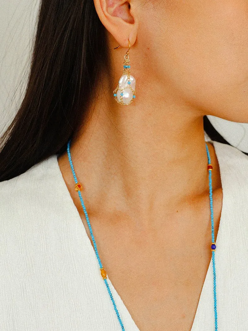 Turquoise & Baroque Pearl Pendant Earrings