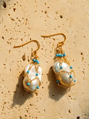 Turquoise & Baroque Pearl Pendant Earrings