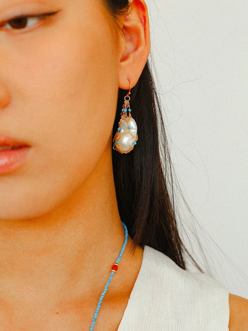 Turquoise & Baroque Pearl Pendant Earrings