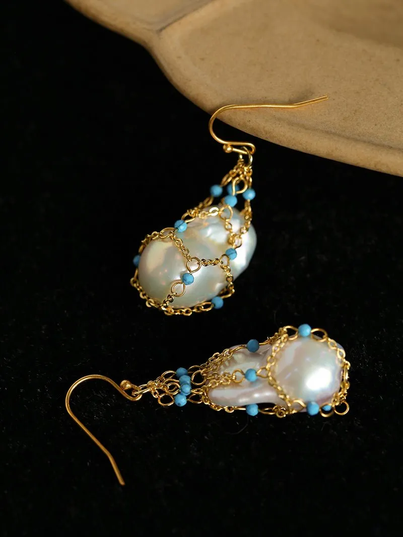 Turquoise & Baroque Pearl Pendant Earrings