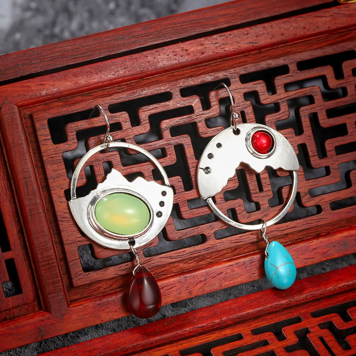 Turquoise & Quartz Silver-Plated Oval Dangle Drop Earrings