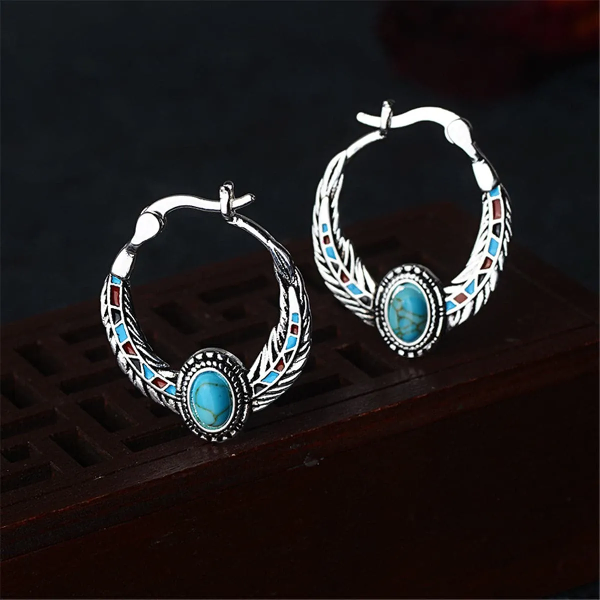 Turquoise & Silver-Plated Feather Hoop Earrings