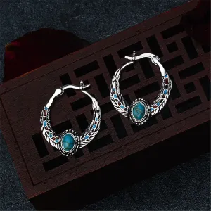Turquoise & Silver-Plated Feather Hoop Earrings