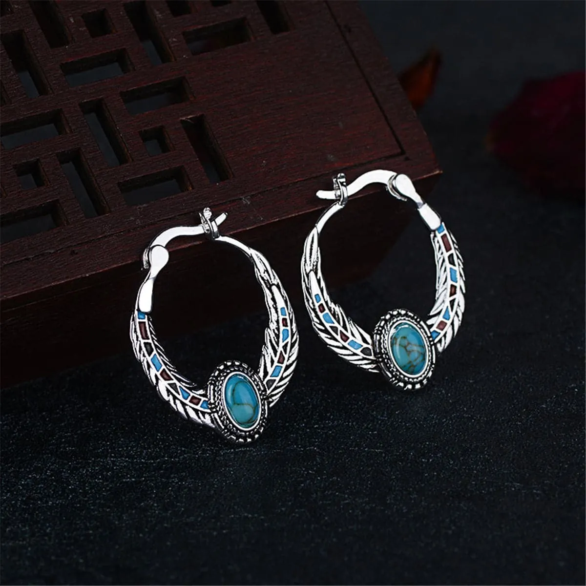 Turquoise & Silver-Plated Feather Hoop Earrings