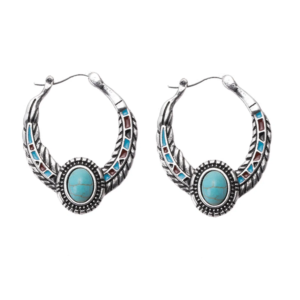 Turquoise & Silver-Plated Feather Hoop Earrings