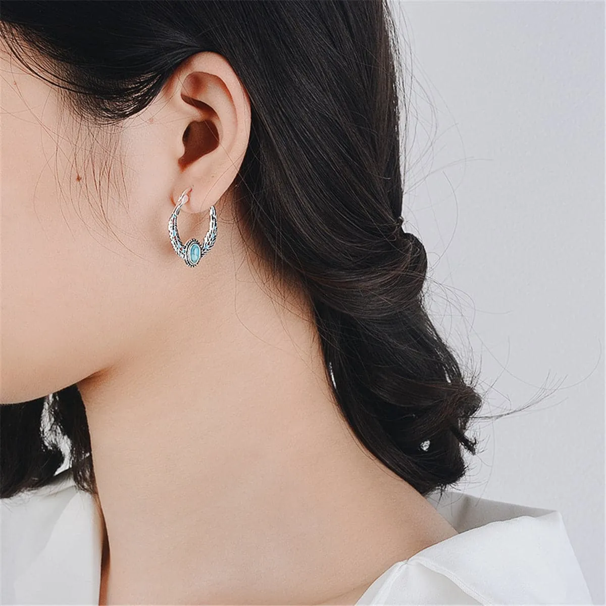 Turquoise & Silver-Plated Feather Hoop Earrings