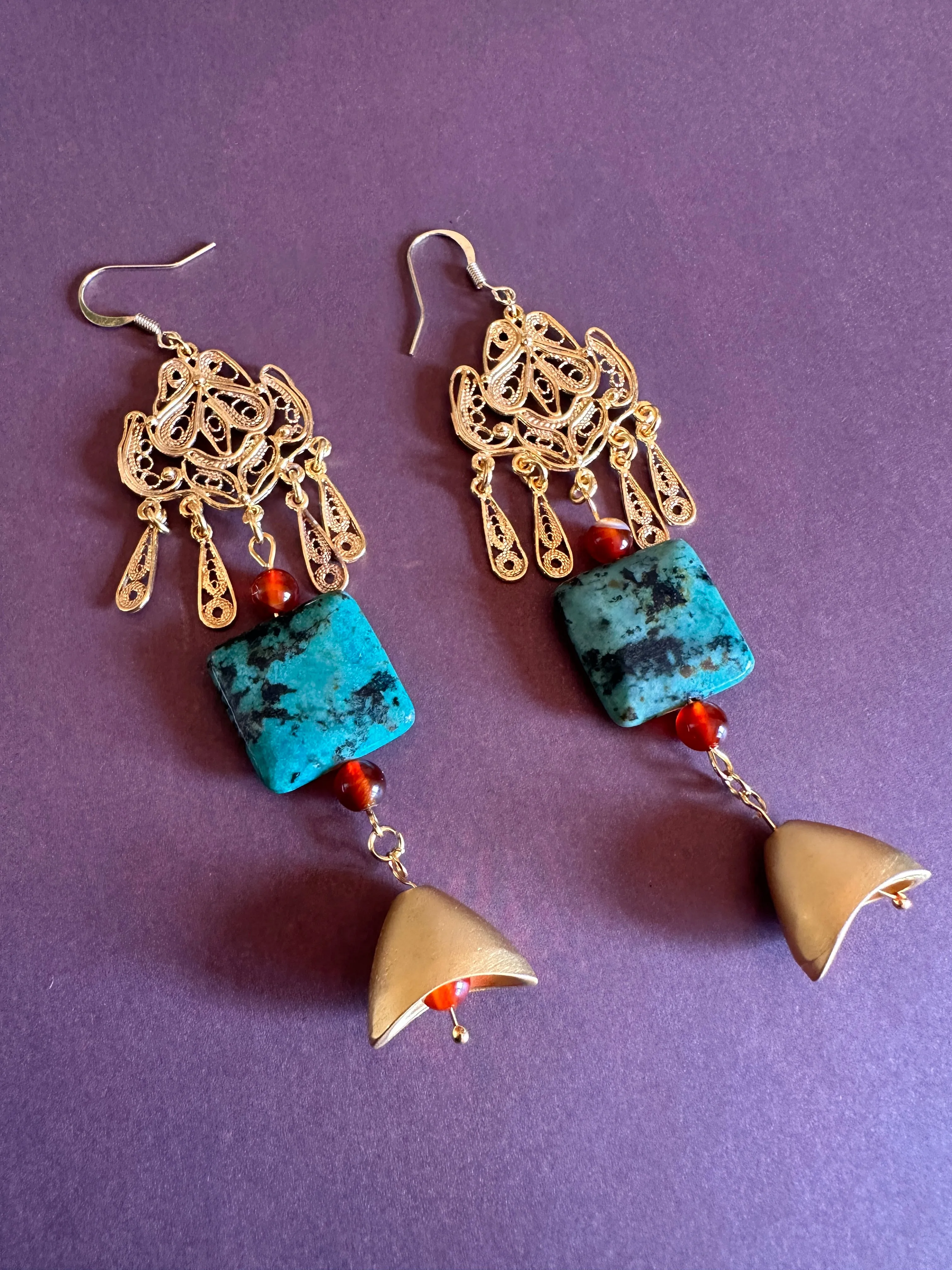turquoise and carnelian golden dangle earrings