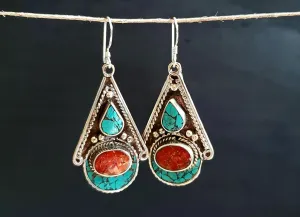 Turquoise and Coral Tibetan Earrings