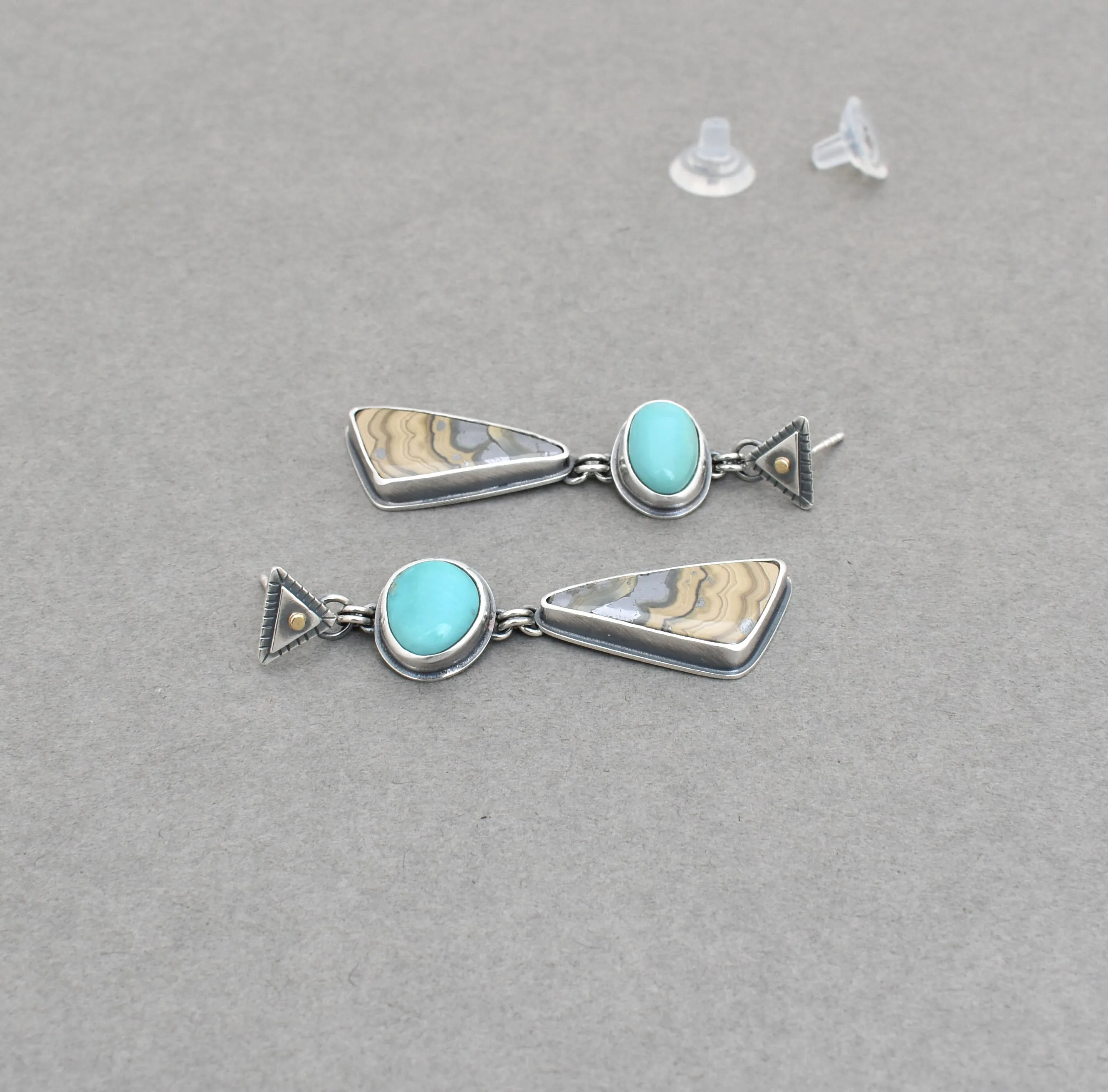 Turquoise and Schalenblende Geometric Post Dangle Earrings.