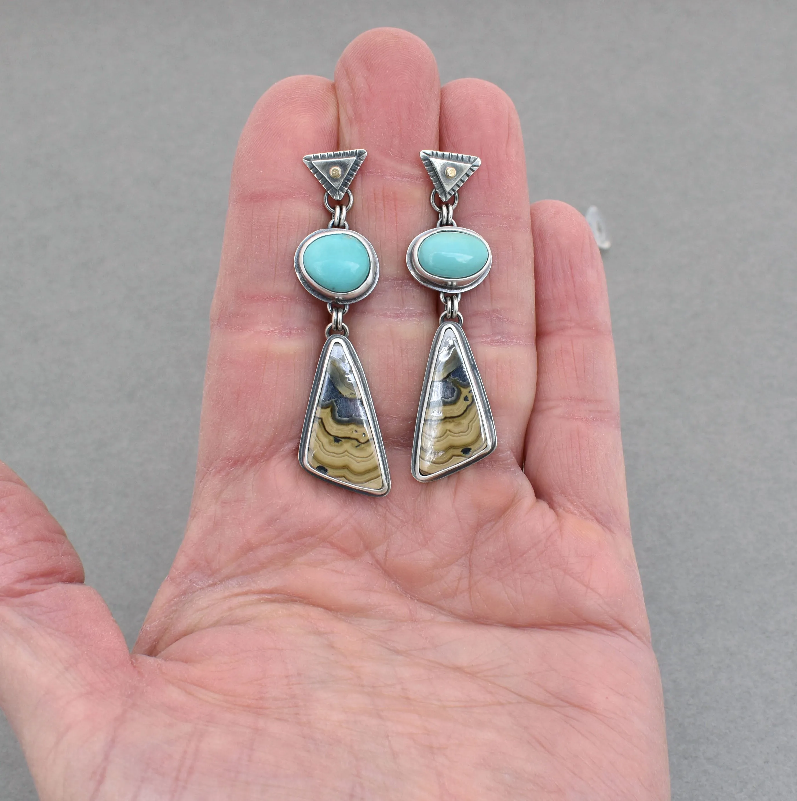Turquoise and Schalenblende Geometric Post Dangle Earrings.