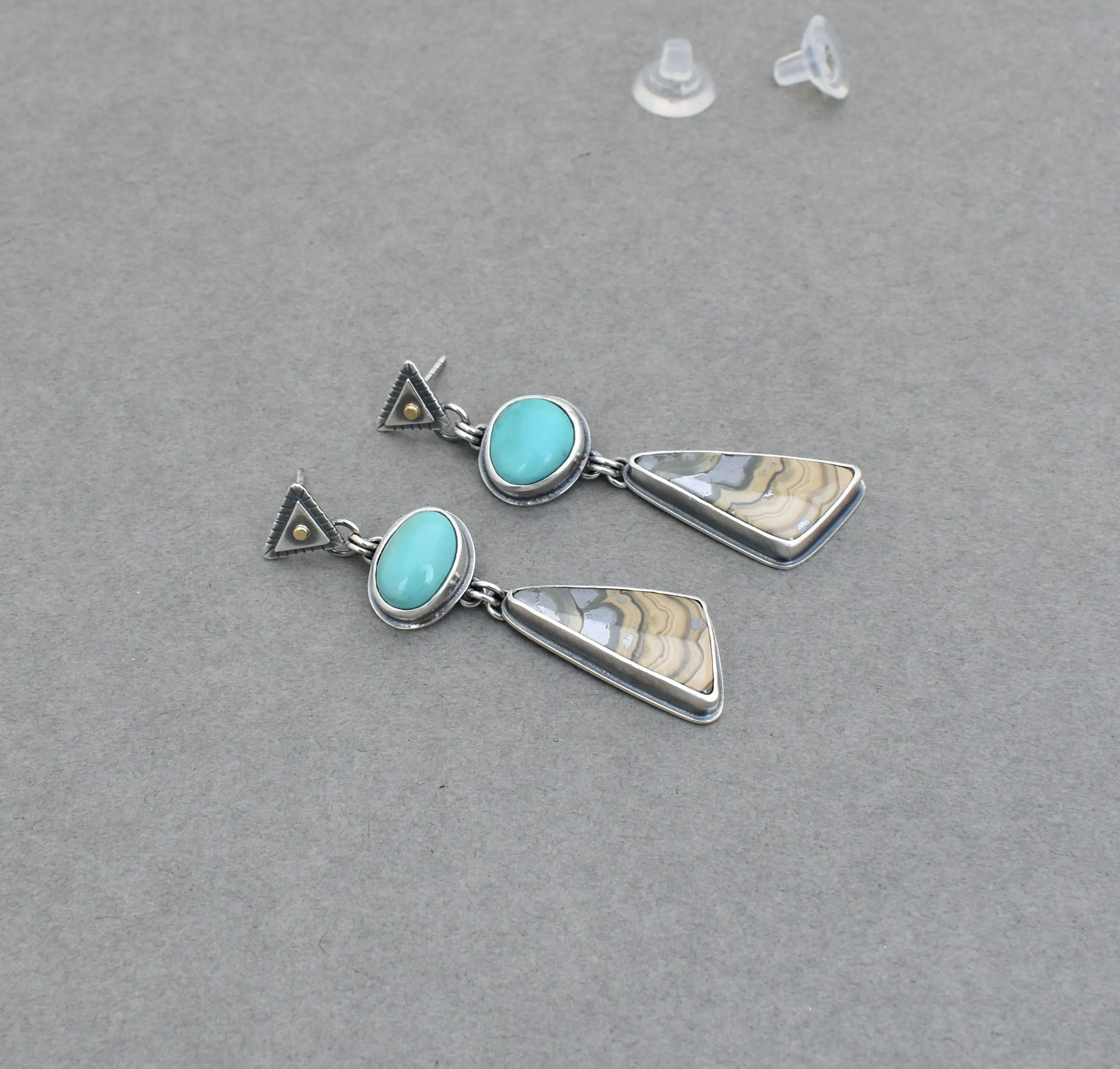 Turquoise and Schalenblende Geometric Post Dangle Earrings.
