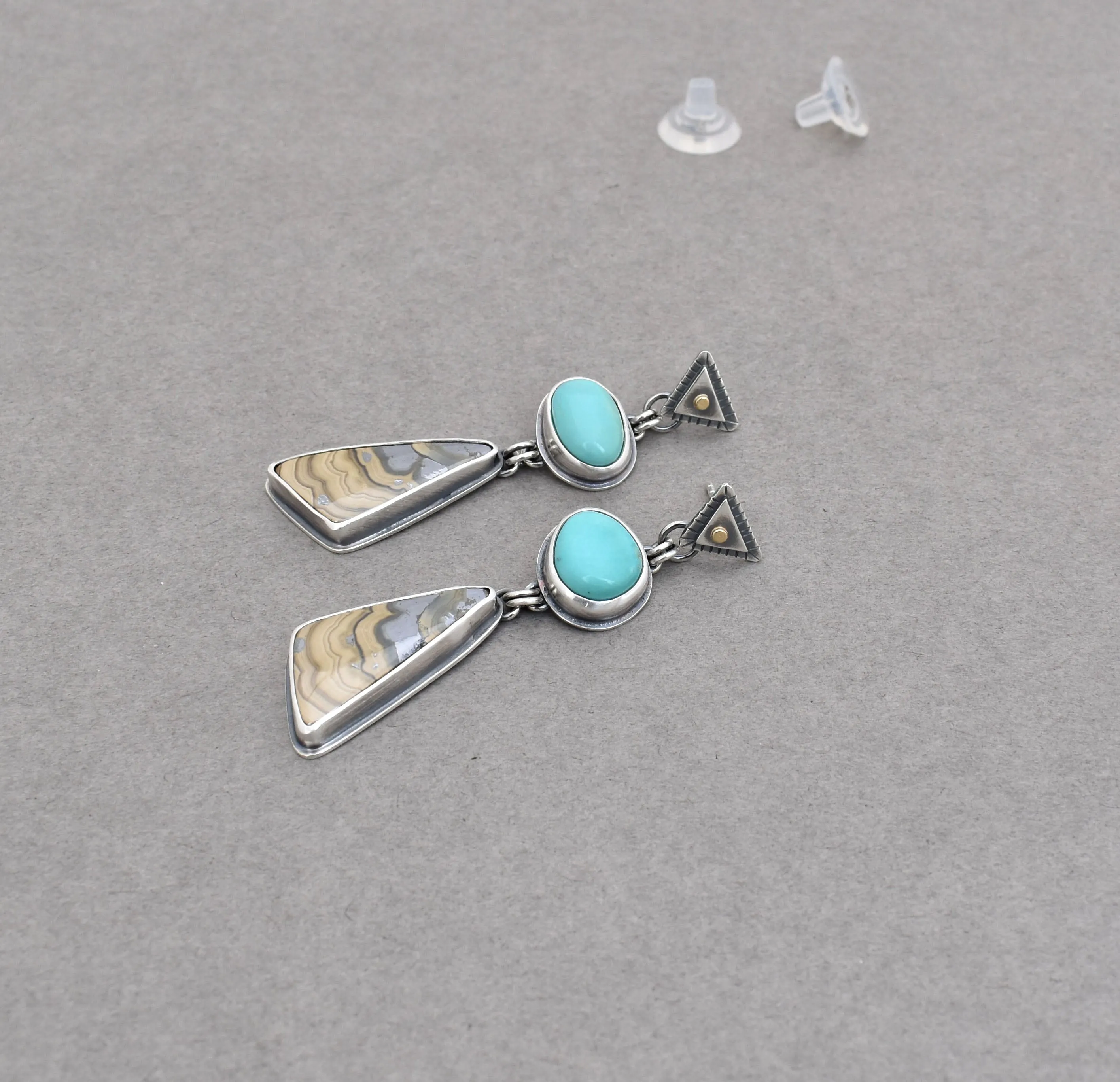 Turquoise and Schalenblende Geometric Post Dangle Earrings.