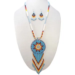 Turquoise Blue Seed Bead Long Star Medallion Beaded Necklace Earrings WCS