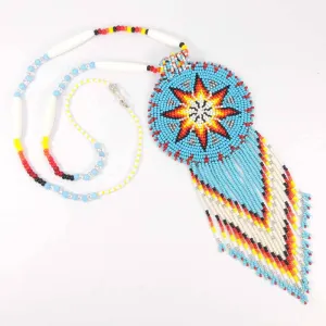Turquoise Blue Seed Bead - Long Star Medallion - Beaded Necklace Earrings