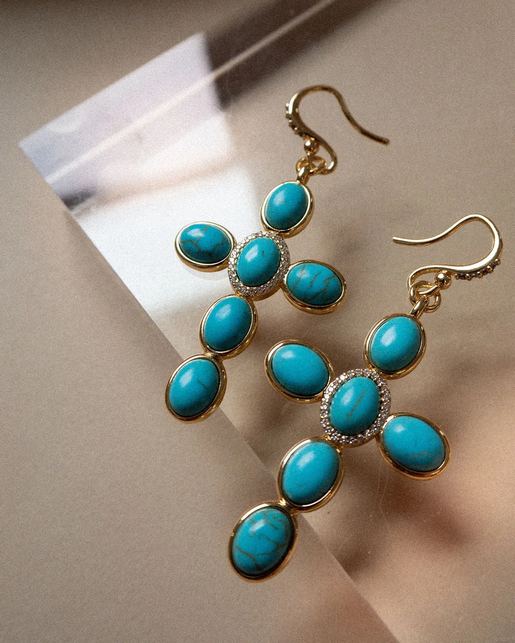 Turquoise Cross Earrings- Gold