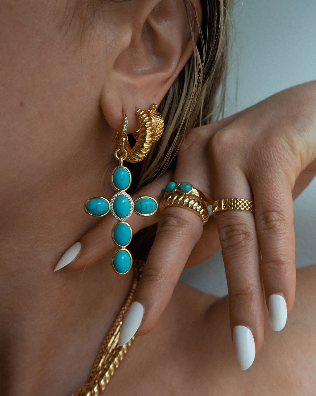 Turquoise Cross Earrings- Gold