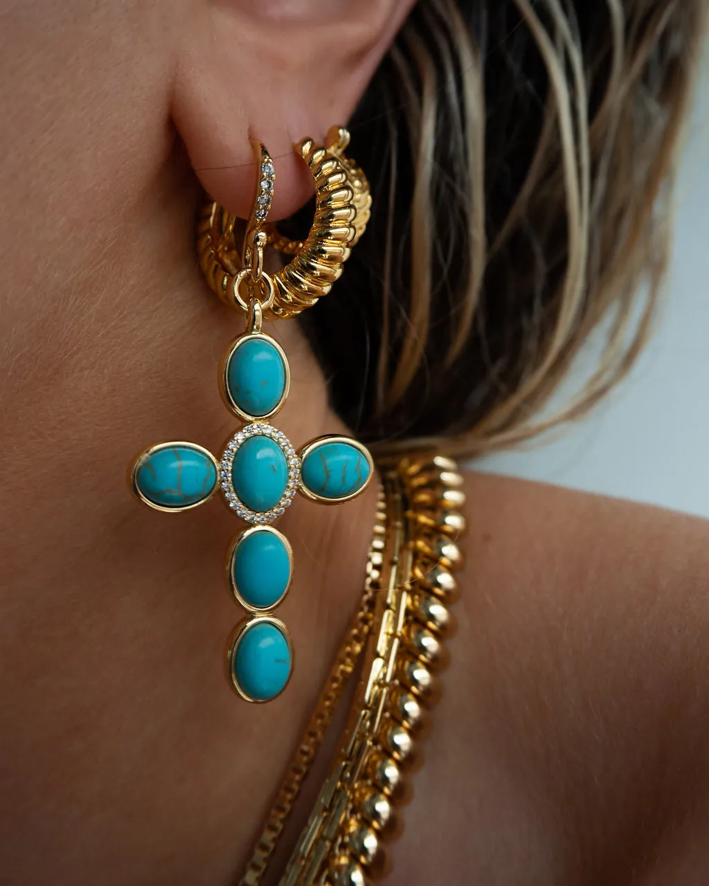 Turquoise Cross Earrings- Gold