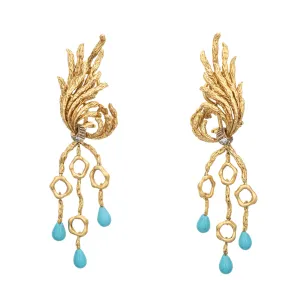 Turquoise Diamond Drop Earrings Vintage 70s Clip On Long 3" Branch Jewelry