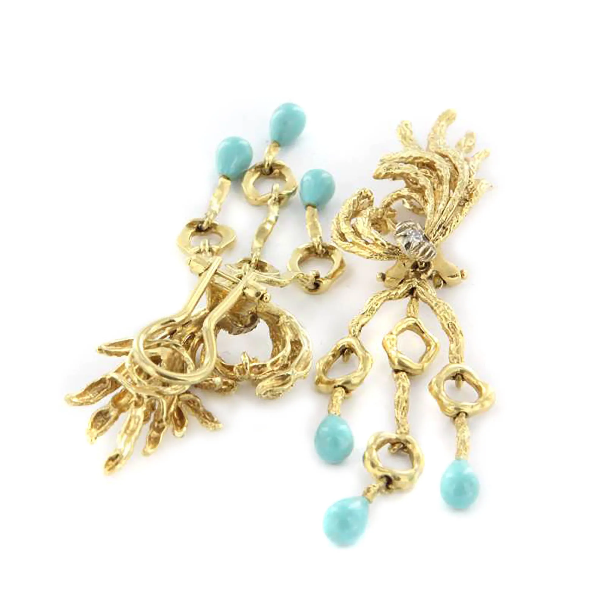 Turquoise Diamond Drop Earrings Vintage 70s Clip On Long 3" Branch Jewelry