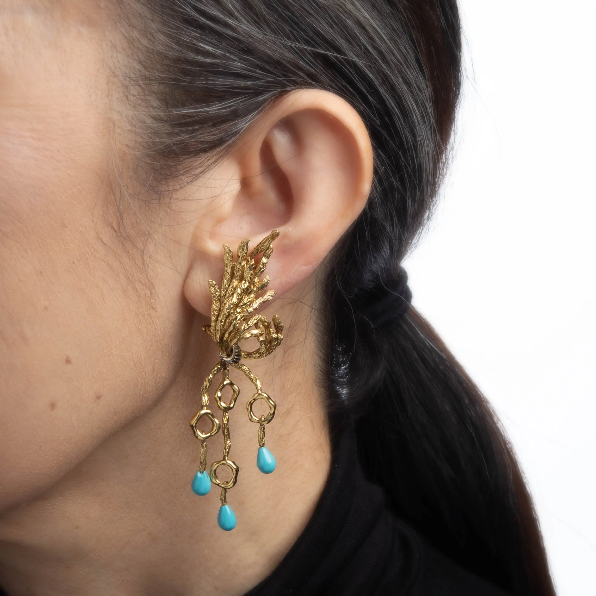 Turquoise Diamond Drop Earrings Vintage 70s Clip On Long 3" Branch Jewelry