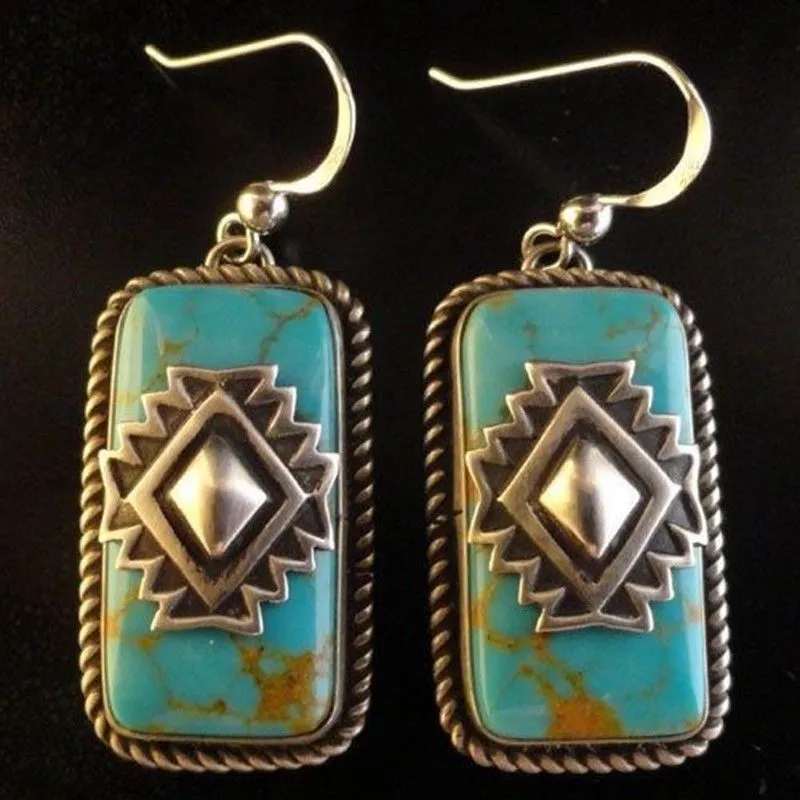 Turquoise Earrings Hook Dangle Silver Aztec Symbol Rectangle Indian Jewelry Bohemian Gypsy Blue Stone Ornamental Tribal Ikat