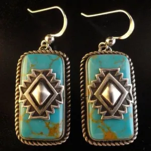 Turquoise Earrings Hook Dangle Silver Aztec Symbol Rectangle Indian Jewelry Bohemian Gypsy Blue Stone Ornamental Tribal Ikat