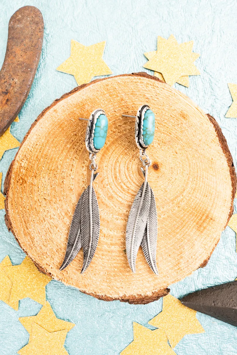 Turquoise Feather Sound Silvertone Earrings