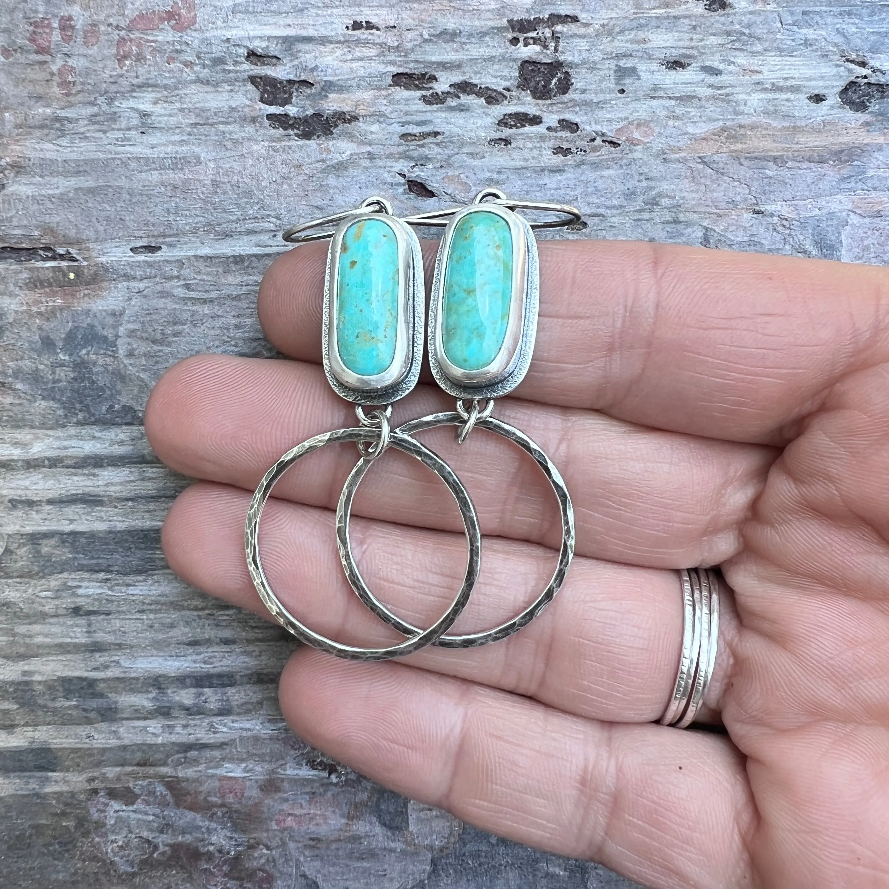 Turquoise Sterling Silver Earrings | Genuine Natural Turquoise and Hammered Hoops