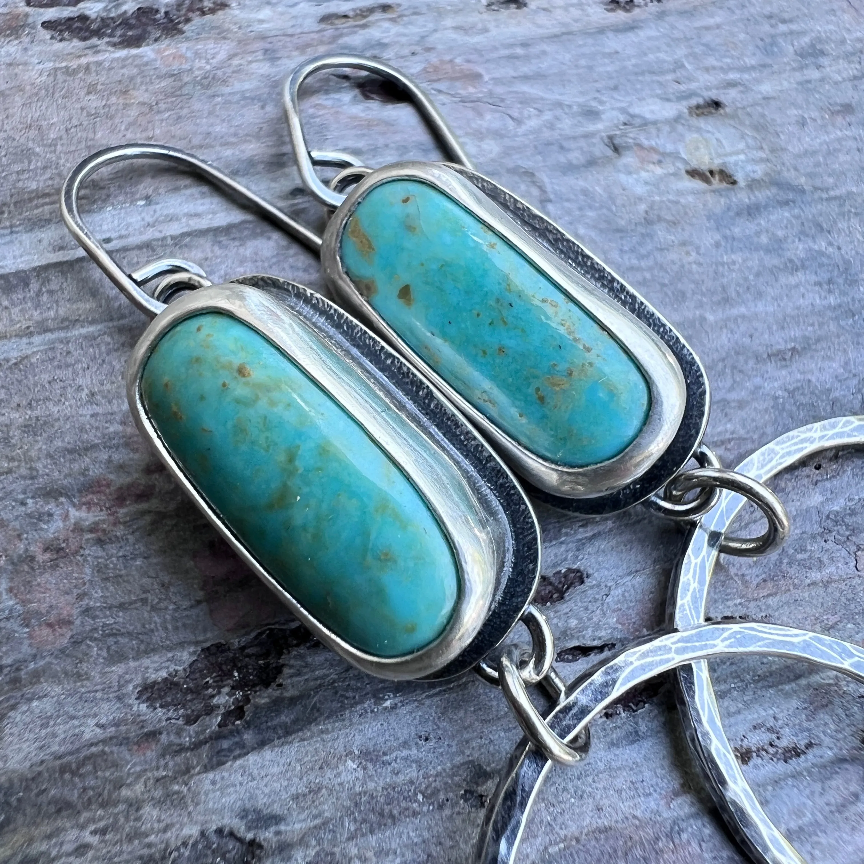 Turquoise Sterling Silver Earrings | Genuine Natural Turquoise and Hammered Hoops