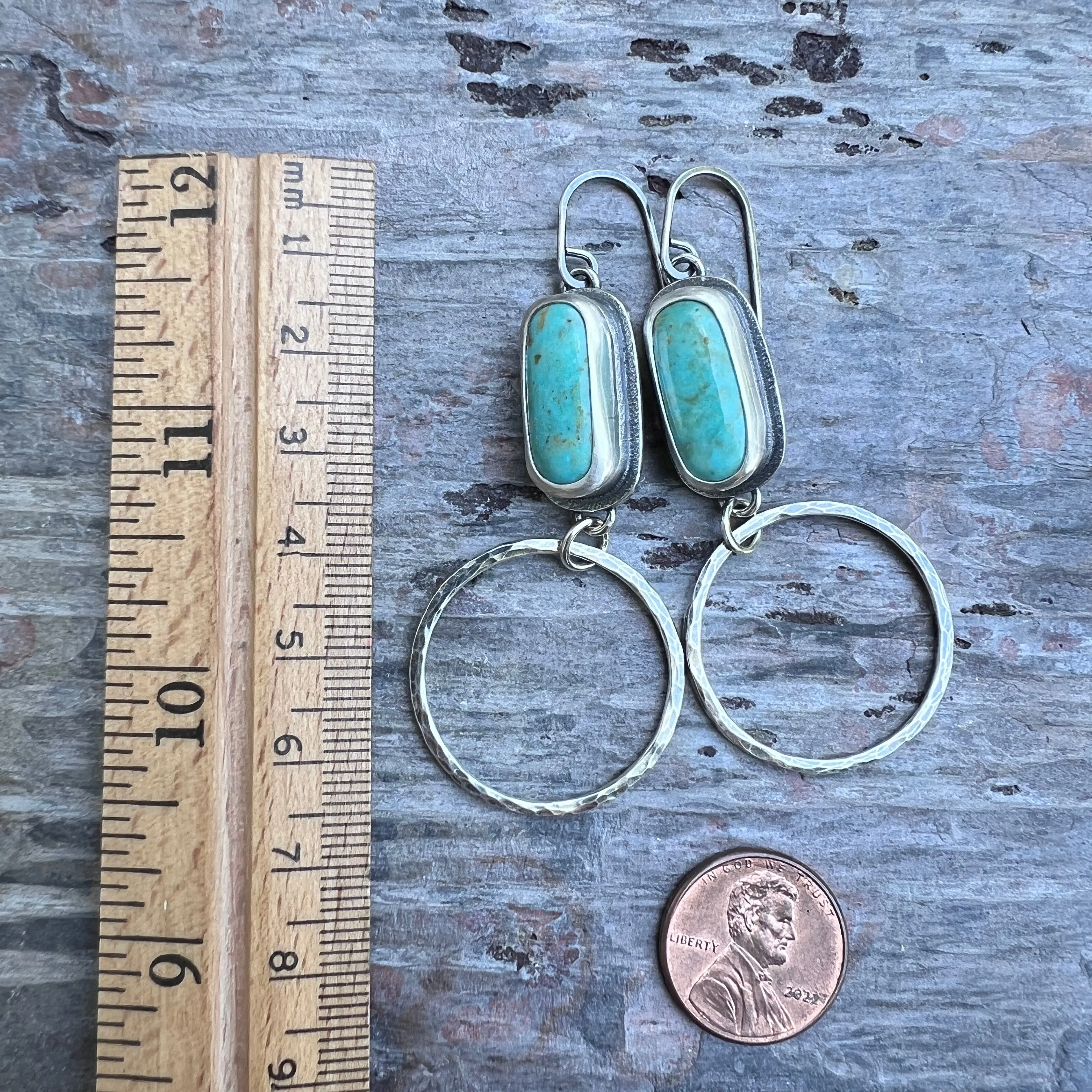 Turquoise Sterling Silver Earrings | Genuine Natural Turquoise and Hammered Hoops
