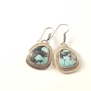 Turquoise Trillion Southwest Beaded Sterling Silver Dangle Earrings