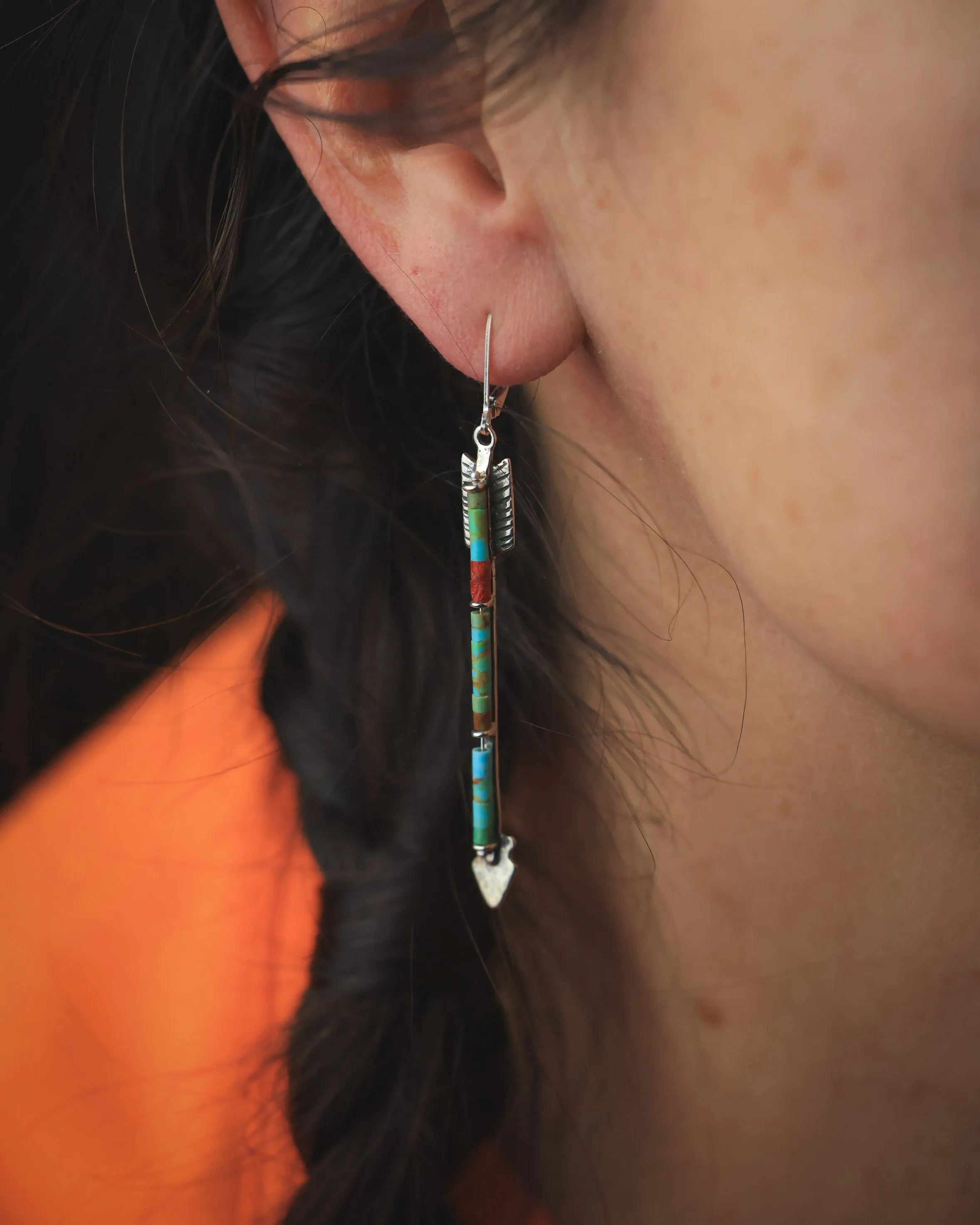 Twin Arrows Earrings with Kingman Turquoise and Apple Coral