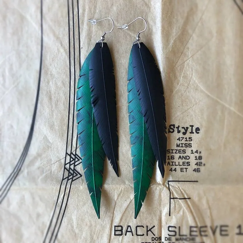 Upcycled Feather Earrings - Pounamu Double Feather