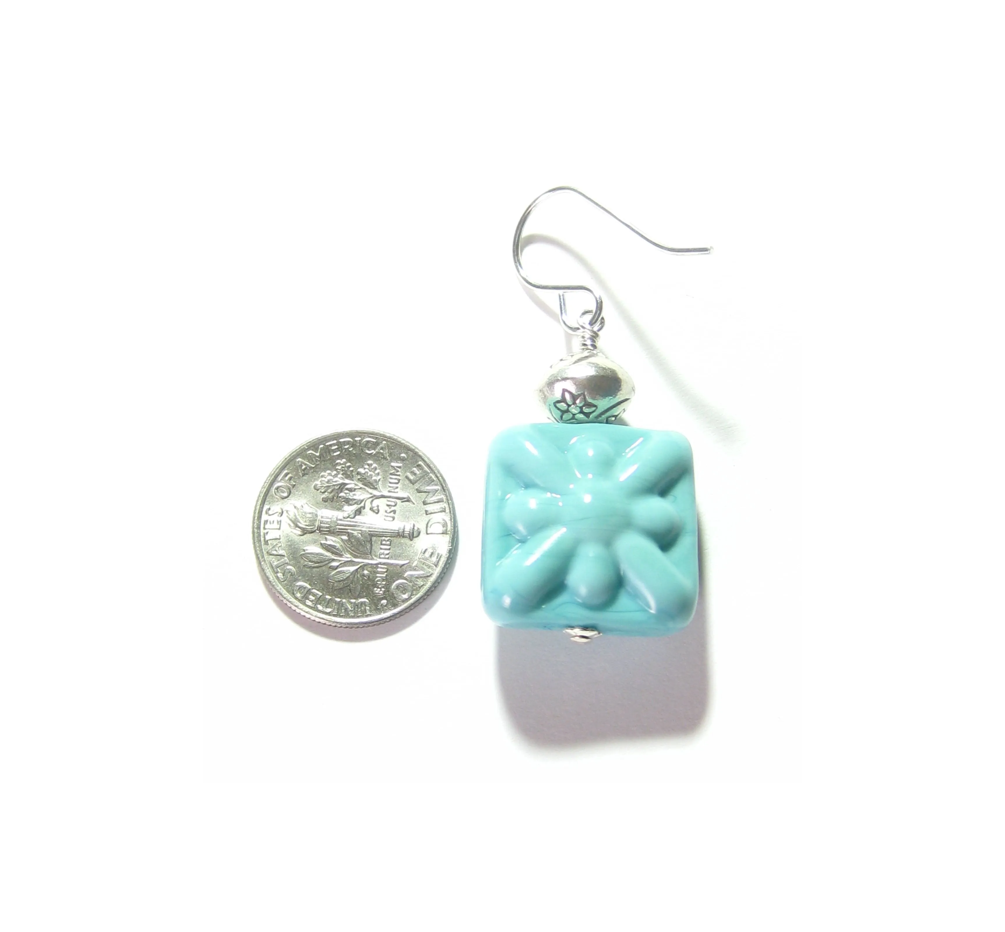 Venetian Glass Turquoise Starburst Chunky Square Silver Earrings, Murano Glass Jewelry