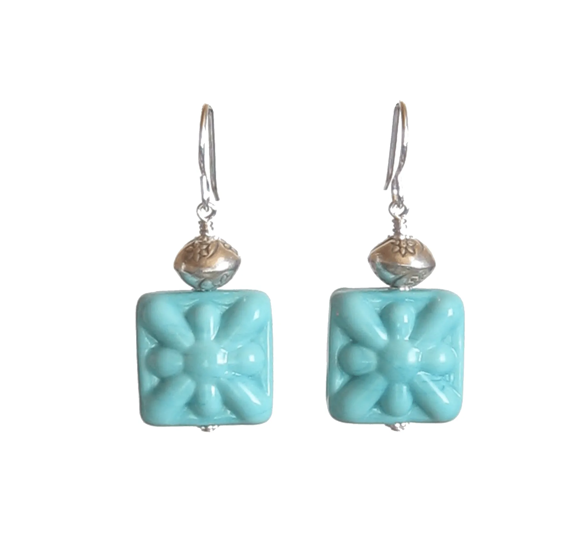 Venetian Glass Turquoise Starburst Chunky Square Silver Earrings, Murano Glass Jewelry